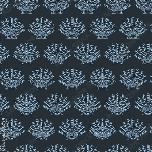 Abstract underwater seamless pattern with repeated shells. Aquatic ornament wallpaper. Groovy geometric ocean wildlife vector print