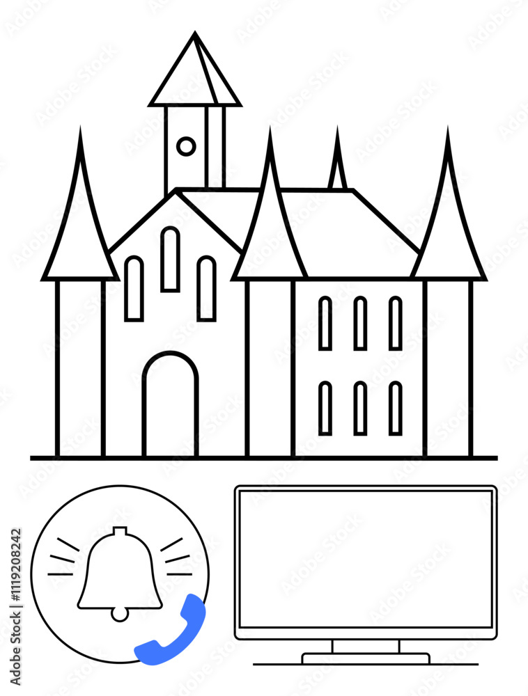 Gothic-style castle with spires and clock tower. Round icon with bell and phone receiver. Computer monitor near castle. Ideal for architecture, notifications, communication, technology, education Gothic-style castle with spires and clock tower. Round icon with bell and phone receiver. Computer monitor near castle. Ideal for architecture, notifications, communication, technology, education