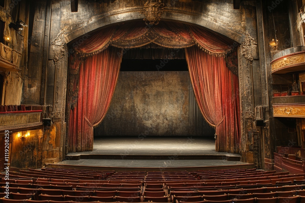 Fototapeta premium Empty stage with red curtains and ornate details in a vintage theater setting