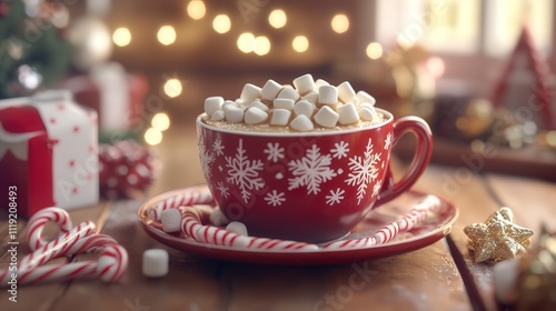 A festive holiday table featuring a cocoa cup with marshmallows, a scattering of candy canes, and snowflake-themed decorations