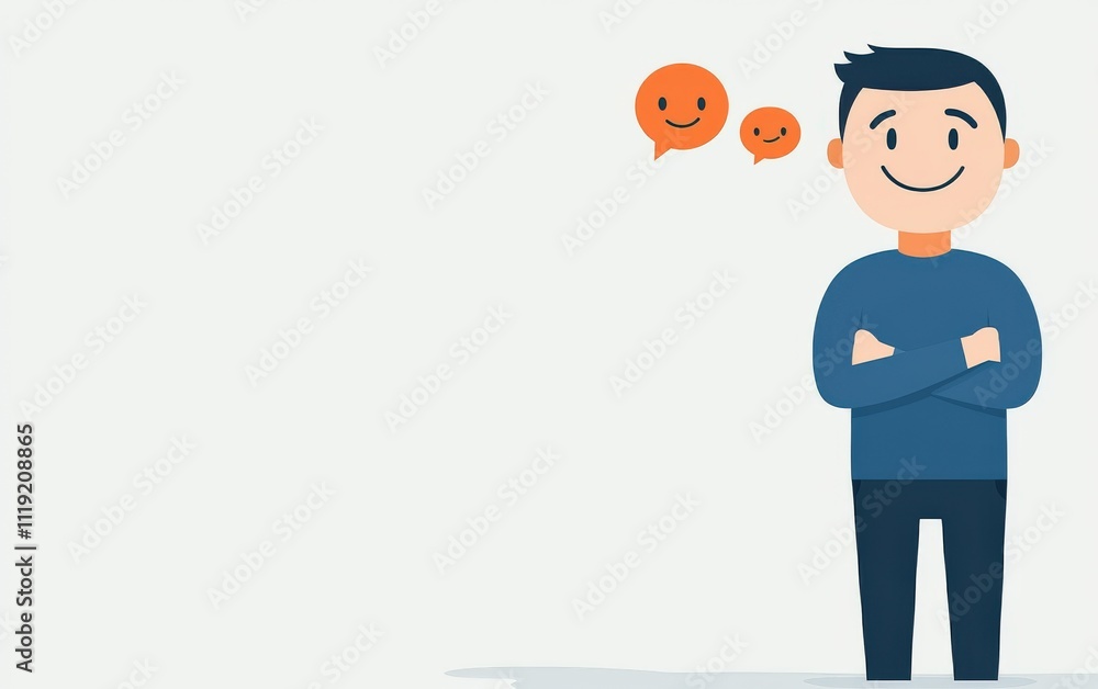 A cheerful man standing confidently, surrounded by thought bubbles with happy emojis, symbolizing positivity and good thoughts. A cheerful man standing confidently, surrounded by thought bubbles with happy emojis, symbolizing positivity and good thoughts.