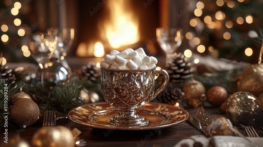 A festive table setting with a cocoa cup filled with marshmallows, surrounded by pinecones, ornaments, and a glowing fireplace in the background A festive table setting with a cocoa cup filled with marshmallows, surrounded by pinecones, ornaments, and a glowing fireplace in the background