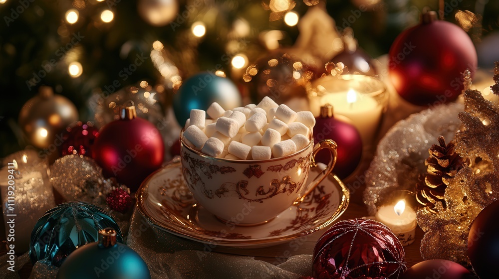 A festive table spread with a cocoa cup brimming with marshmallows, framed by colorful Christmas baubles and soft candlelight A festive table spread with a cocoa cup brimming with marshmallows, framed by colorful Christmas baubles and soft candlelight