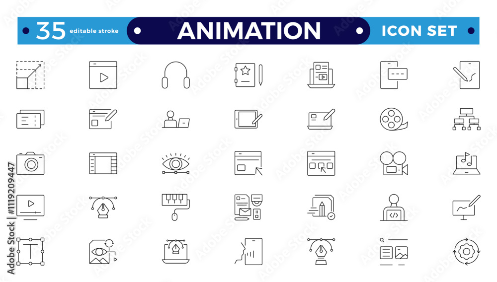 Animation icon outline set. Containing movement, Motion, speed, swing, dynamic, position, acceleration, running, rotation, bounce and motion sensor icons. Editable stroke outline icon.
Animation icon outline set. Containing movement, Motion, speed, swing, dynamic, position, acceleration, running, rotation, bounce and motion sensor icons. Editable stroke outline icon.