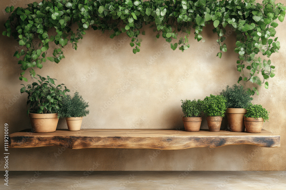 Wooden shelf with potted plants and vines on a beige wall.