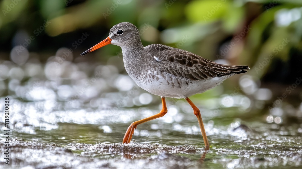 Spotted Redshank Bird Walking in a Shallow Stream Spotted Redshank Bird Walking in a Shallow Stream