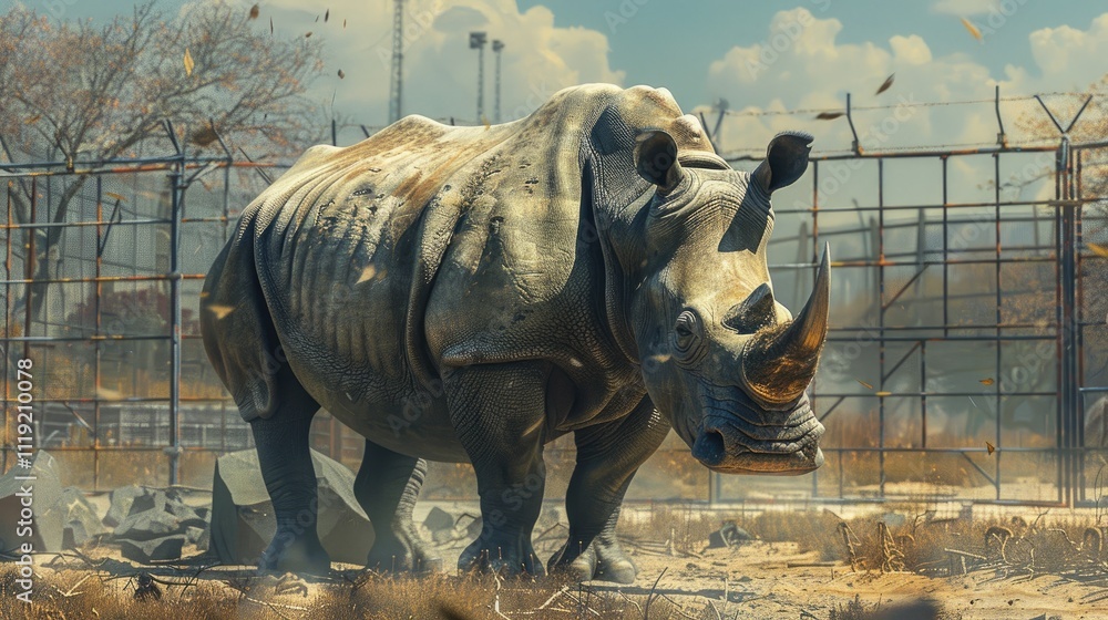 Fototapeta premium a powerful rhino in a large cage, with a bold design and a breathtaking savannah background