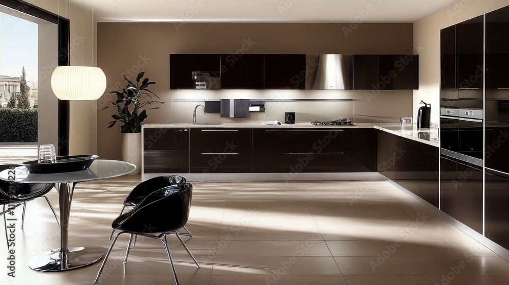 Modern Kitchen with Black Cabinets and Glass Table Modern Kitchen with Black Cabinets and Glass Table