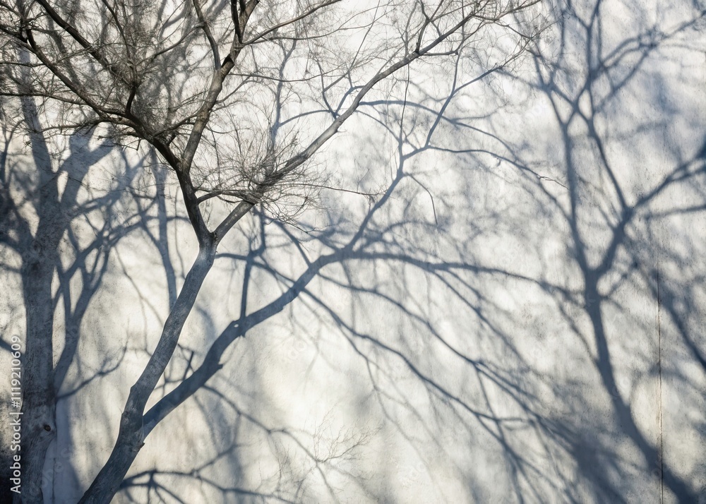 Obraz premium Abstract Urban Exploration: Gray Tree Branch Shadows on White Wall - Neutral Nature Background