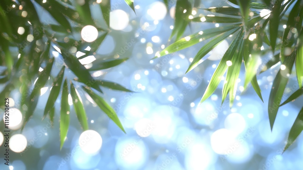 Fototapeta premium A serene view of bamboo leaves against a blurred, sparkling background.
