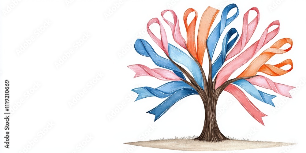 Obraz premium A creative illustration of a tree with colorful awareness ribbons, symbolizing hope and support for various causes.