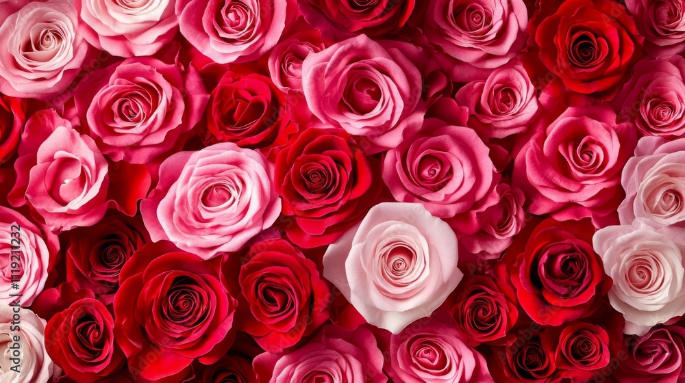 Stunning close-up of a diverse arrangement of red and pink roses creates a romantic and beautiful display. Stunning close-up of a diverse arrangement of red and pink roses creates a romantic and beautiful display.