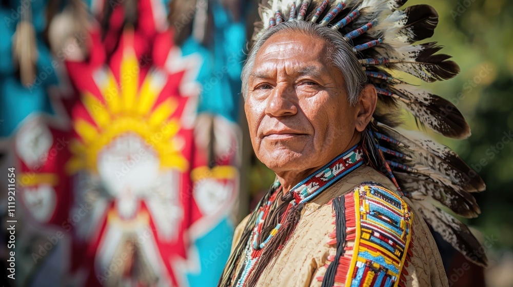 Obraz premium An Indian chief in traditional ceremonial attire standing proudly in front of a colorful backdrop of a Native American village.