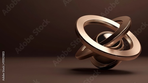 Abstract bronze metallic sphere orbiting within intersecting rings against a dark brown background.