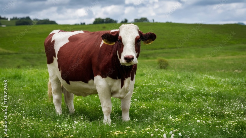 Cow grazing peacefully in a green meadow under a cloudy sky during the daylight hours Cow grazing peacefully in a green meadow under a cloudy sky during the daylight hours