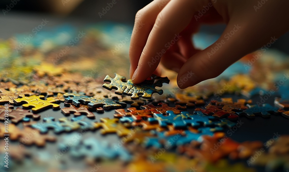 Hand places colorful jigsaw piece, completing puzzle. Hand places colorful jigsaw piece, completing puzzle.