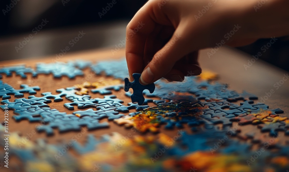 Hand placing piece into colorful jigsaw puzzle. Hand placing piece into colorful jigsaw puzzle.