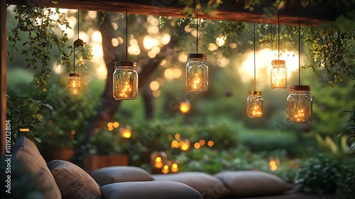 A cluster of mason jar fairy light lamps glowing softly in pastel hues, hanging from a rustic wooden beam in a bohemian-style outdoor patio, surrounded by soft cushions and greenery, photo