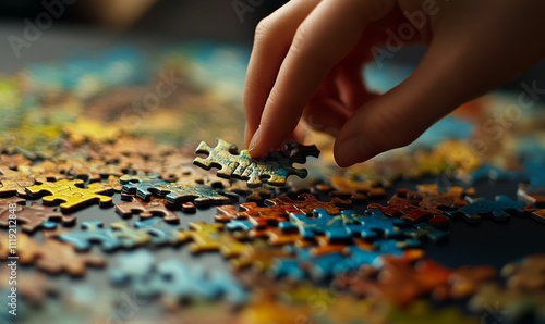 Hand places colorful jigsaw piece, completing puzzle.