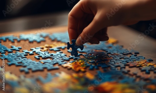 Hand placing piece into colorful jigsaw puzzle.
