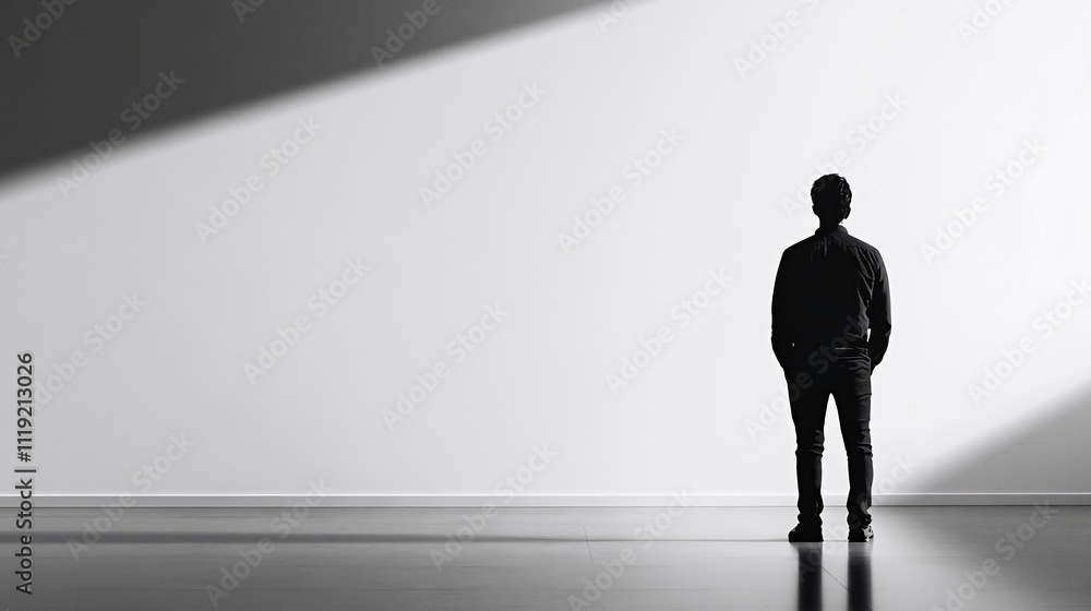Silhouette of a person standing in a minimalist room, illuminated by a single light source. Silhouette of a person standing in a minimalist room, illuminated by a single light source.