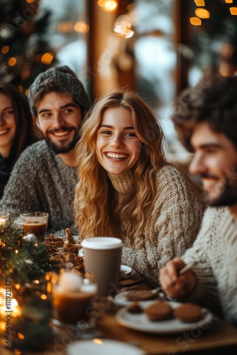 Cheerful Friends Celebrating Christmas Card Day, Thanksgiving, and New Years in a Cozy Living Room