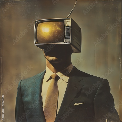 A man in a suit with a retro television set for a head stands against a textured background, symbolizing the merger of human and outdated technology in a surreal, creative style. AI generated. photo