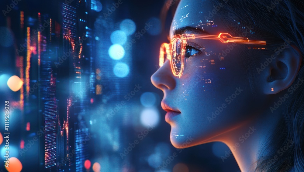 Cyberpunk Woman Gazing at Digital Data Cyberpunk Woman Gazing at Digital Data