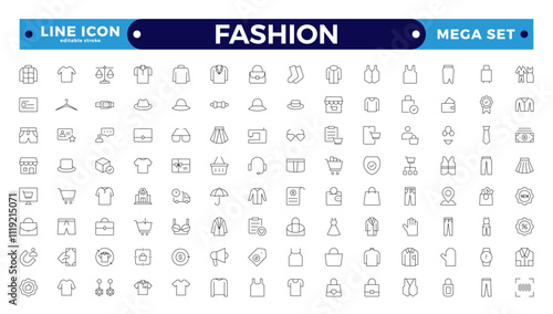 Clothing Outline icon set. Dress, polo t-shirt, jeans, winter coat, jacket pants, skirt minimal vector illustrations. Simple outline signs for fashion applications. Editable stroke outline icon.