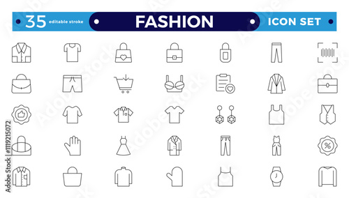 Clothing Outline icon set. Dress, polo t-shirt, jeans, winter coat, jacket pants, skirt minimal vector illustrations. Simple outline signs for fashion applications. Editable stroke outline icon.