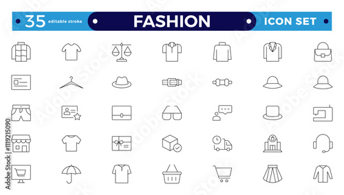 Clothing Outline icon set. Dress, polo t-shirt, jeans, winter coat, jacket pants, skirt minimal vector illustrations. Simple outline signs for fashion applications. Editable stroke outline icon.