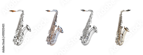 Four views of a saxophone showcasing different angles and details for musical instrument design photo