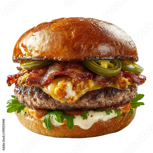 Front view of a hyperrealistic jalapeño popper burger isolated on a white transparent background
