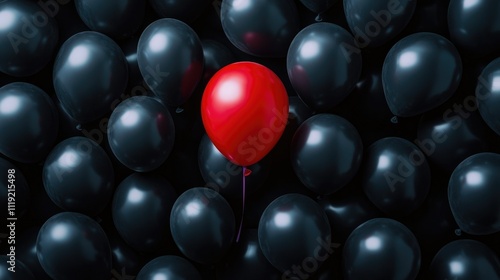 Bright red balloon rising boldly amidst a sea of black balloons, symbolizing uniqueness and celebration photo