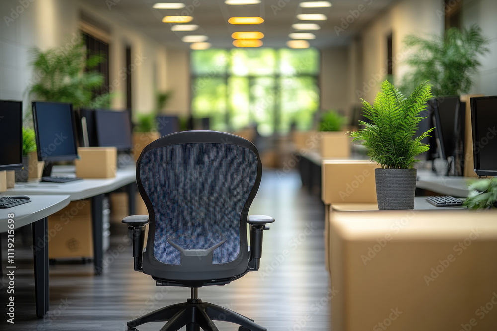 Empty office chair in new workspace with cardboard boxes. Empty office chair in new workspace with cardboard boxes.