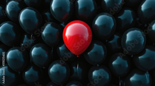 Bright red balloon rising boldly amidst a sea of black balloons, symbolizing uniqueness and celebration photo