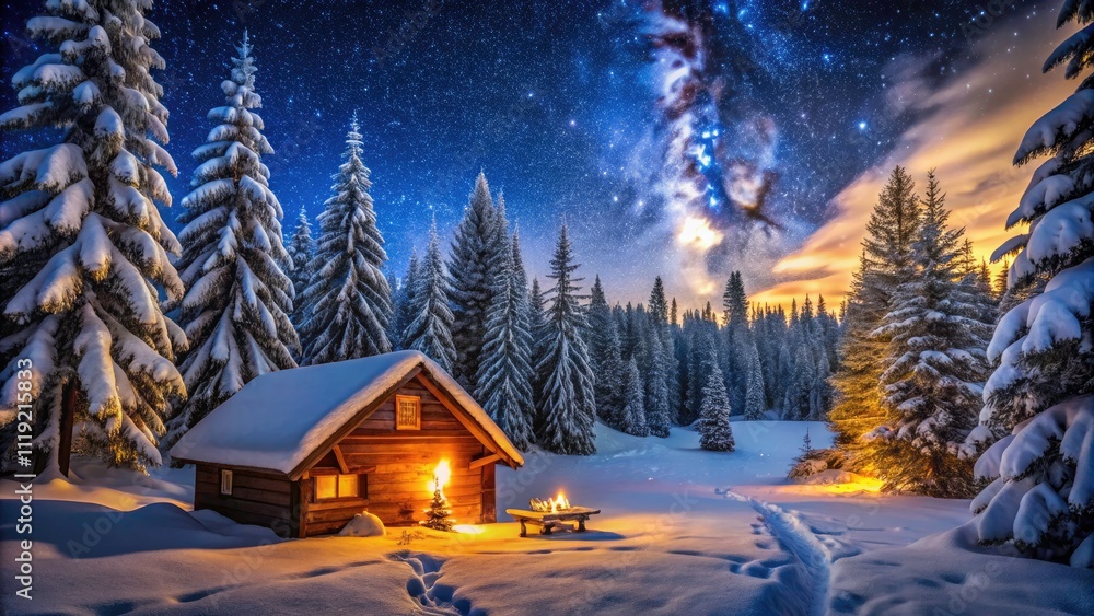Cozy Cabin Retreat in Winter Wonderland: Campfire Glow in Snowy Forest Cozy Cabin Retreat in Winter Wonderland: Campfire Glow in Snowy Forest