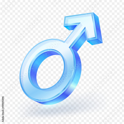 Male gender symbol icon glass material. 3d vector illustration isolated on white background.