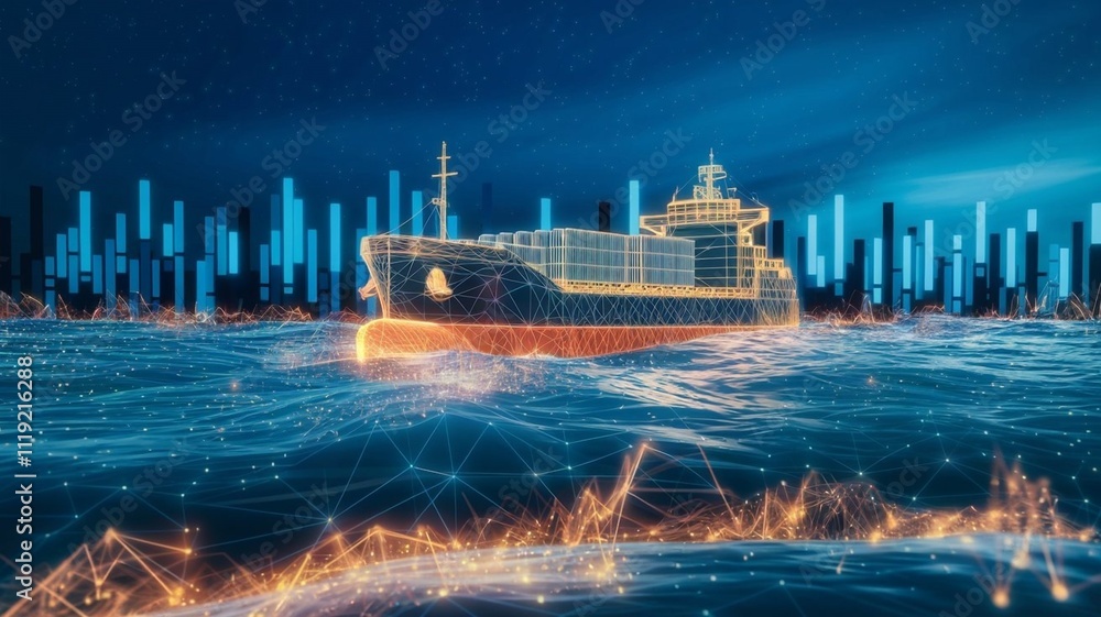 Obraz premium A large cargo ship navigating through a digital representation of the ocean, with glowing lines and data points merging with the water surface, symbolizing advanced technology and smart shipping 