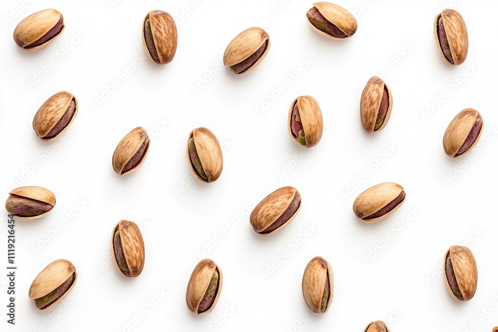 Obraz premium Pistachio Pattern: A delightful scattering of shelled pistachios creates a captivating, evenly distributed pattern against a clean backdrop. The image offers a vibrant and appetizing visual.