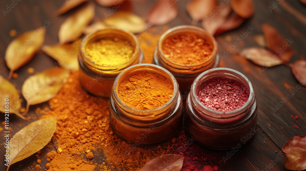 Creative Display of Orange, Yellow, and Gold Pigments with Oak Tree Leaves in Indoor Setup Creative Display of Orange, Yellow, and Gold Pigments with Oak Tree Leaves in Indoor Setup