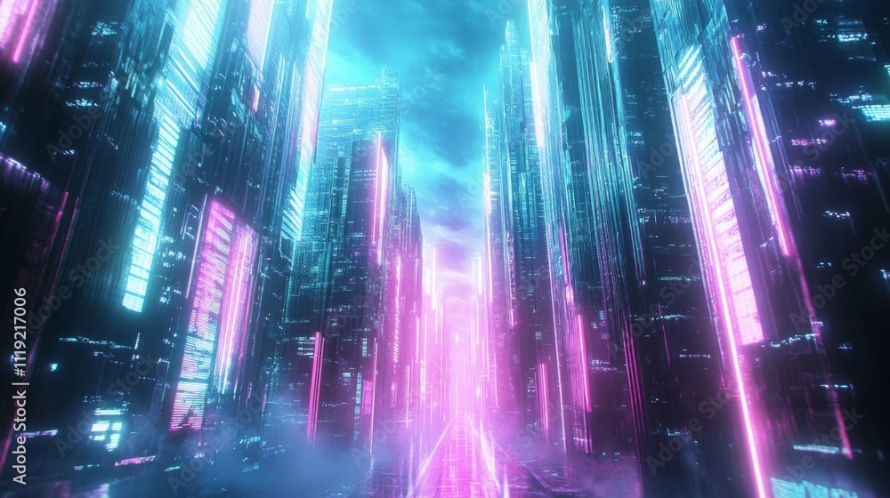 Fototapeta premium Futuristic Cityscape with Multi-Level Buildings, Neon Lights, and Deep Blue Sky - Dynamic Urban Landscape with Vibrant Colors