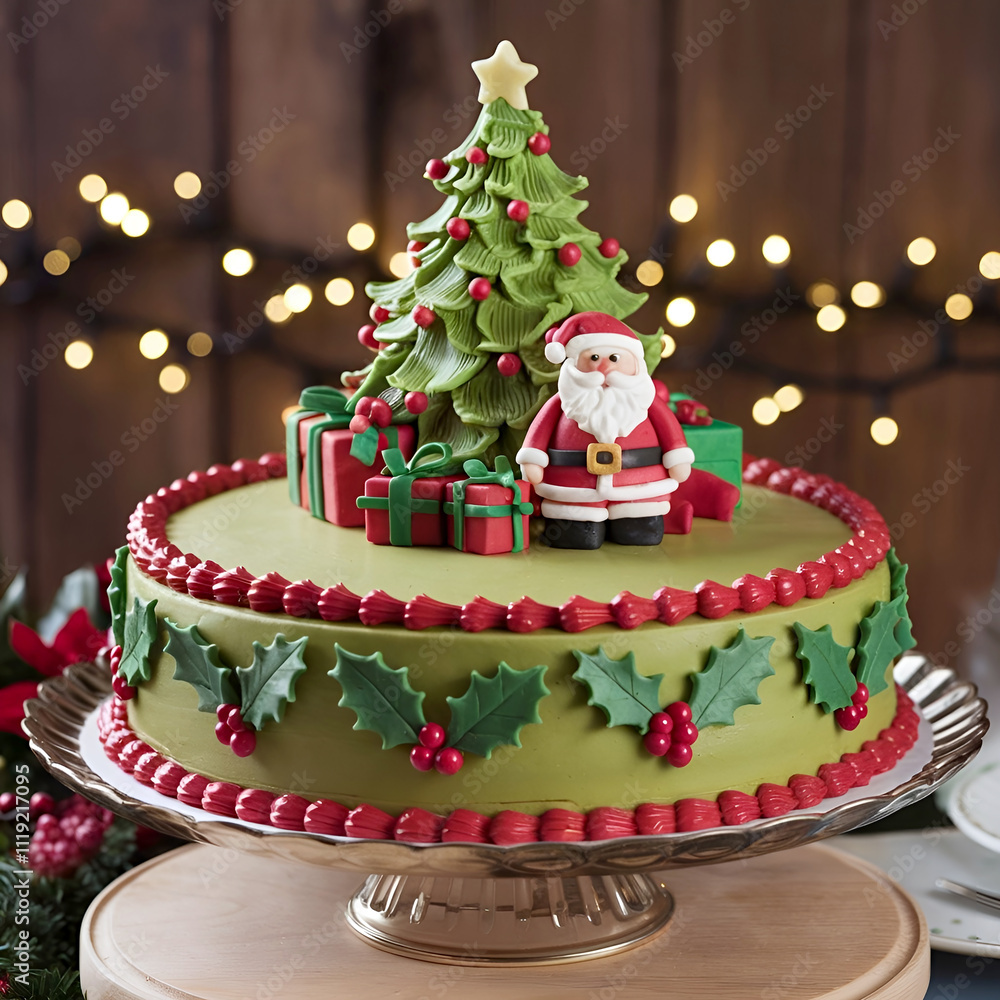 Christmas cake The cake is covered with a layer of green and red icing. The cake has a Christmas tree, presents, and a Santa Claus decorating the top. Christmas cake The cake is covered with a layer of green and red icing. The cake has a Christmas tree, presents, and a Santa Claus decorating the top.