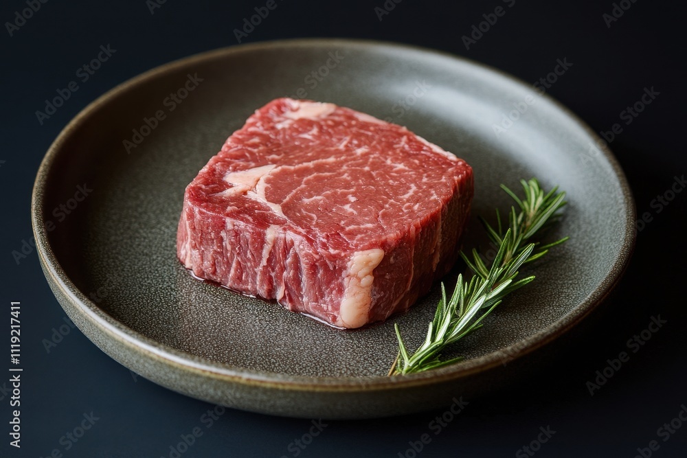 Raw ribeye steak on dark plate, rosemary sprig nearby. Perfect for restaurant menus, culinary blogs, or beef promotions. Raw ribeye steak on dark plate, rosemary sprig nearby. Perfect for restaurant menus, culinary blogs, or beef promotions.