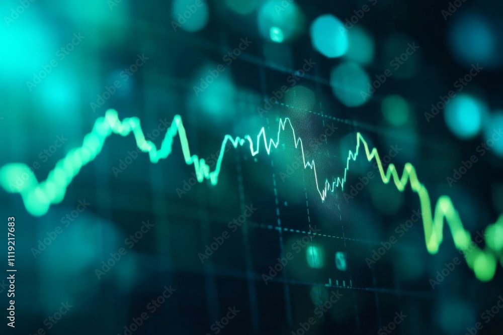 Naklejka premium Futuristic Close-Up Stock Market Chart with Downward Trend on Dark Blue Background, Bokeh Effect, and White Numbers Grid