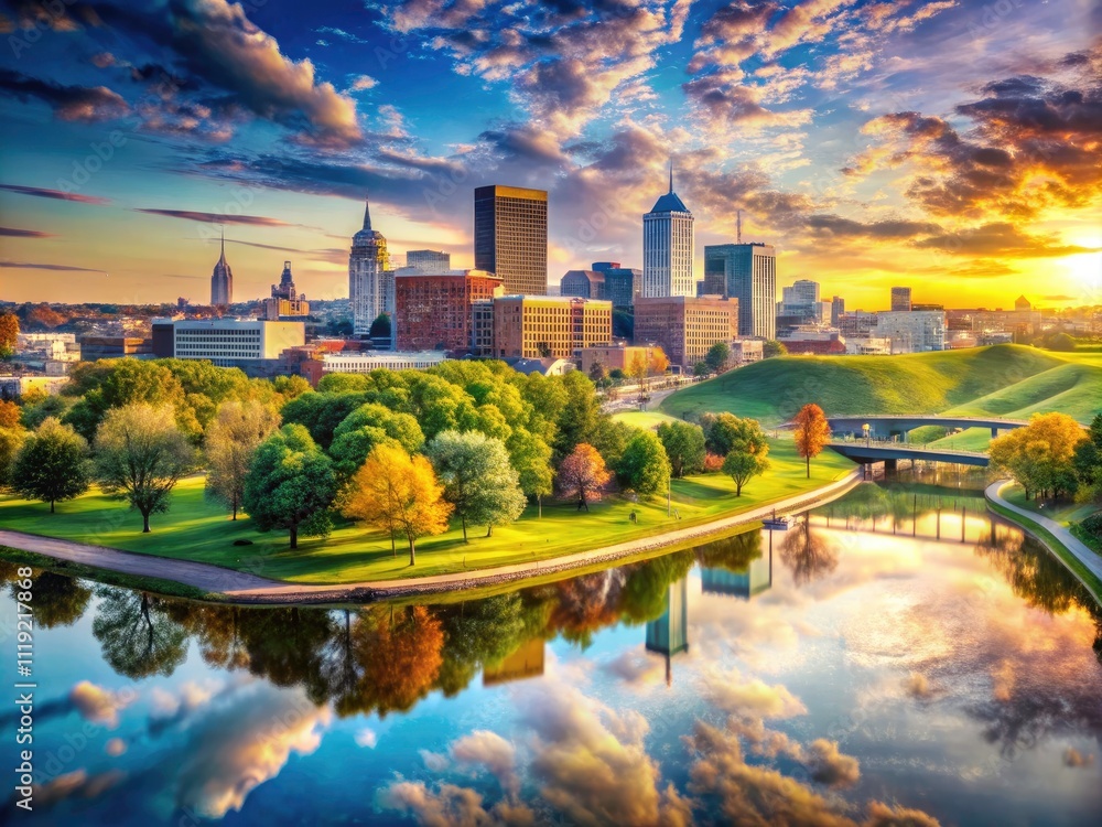 Obraz premium Des Moines Iowa City Downtown Scenic Views Double Exposure Photography - Stunning Cityscapes & Nature