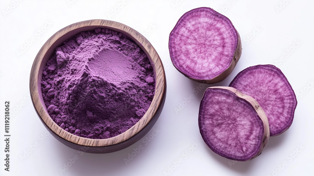 Purple Sweet Potato Powder with Two Whole Sweet Potatoes Displayed on White Background in Top-View Purple Sweet Potato Powder with Two Whole Sweet Potatoes Displayed on White Background in Top-View