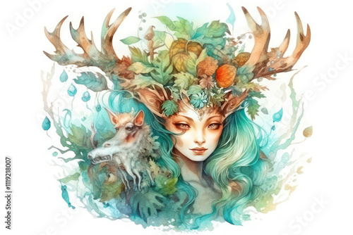 mythical forest fairy with deer antlers entwined with leaves and fruits. The fairy has long green hair, her gaze is mysterious and penetrating  photo