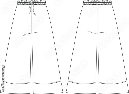 with drawstring elastic banded mid rise waist wide leg short sweatpant pyjama pant trouser template technical drawing flat sketch cad mockup fashion woman design style model 
