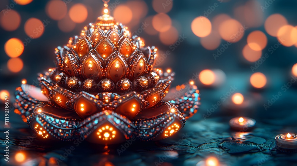 Fototapeta premium Illuminated ornate lotus flower diya.